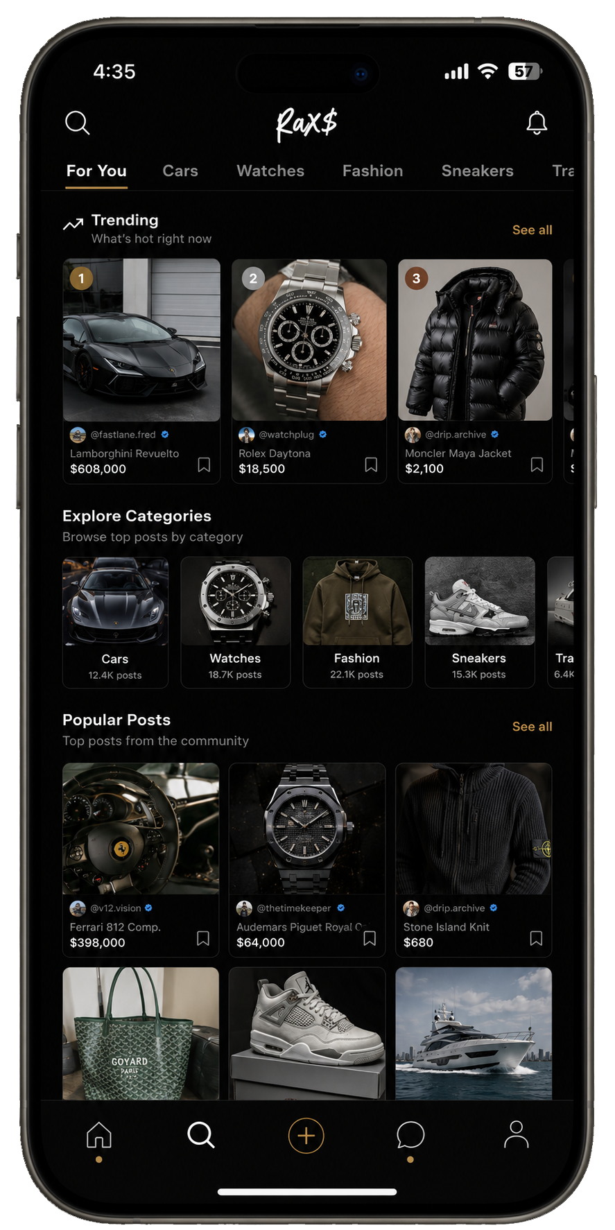 Raxs app explore feed showing trending watches, cars, and fashion