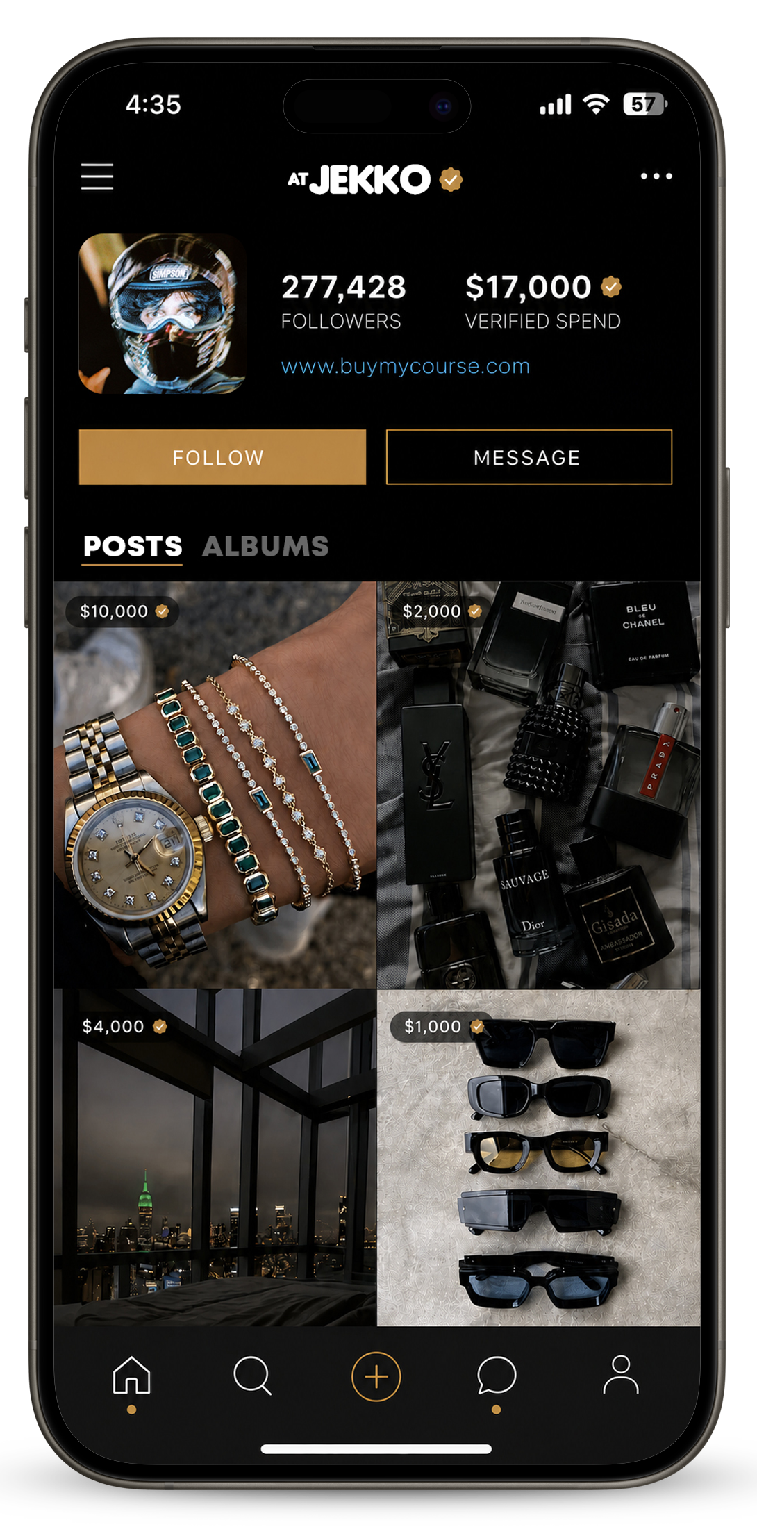 Raxs app profile showing verified spend and luxury posts
