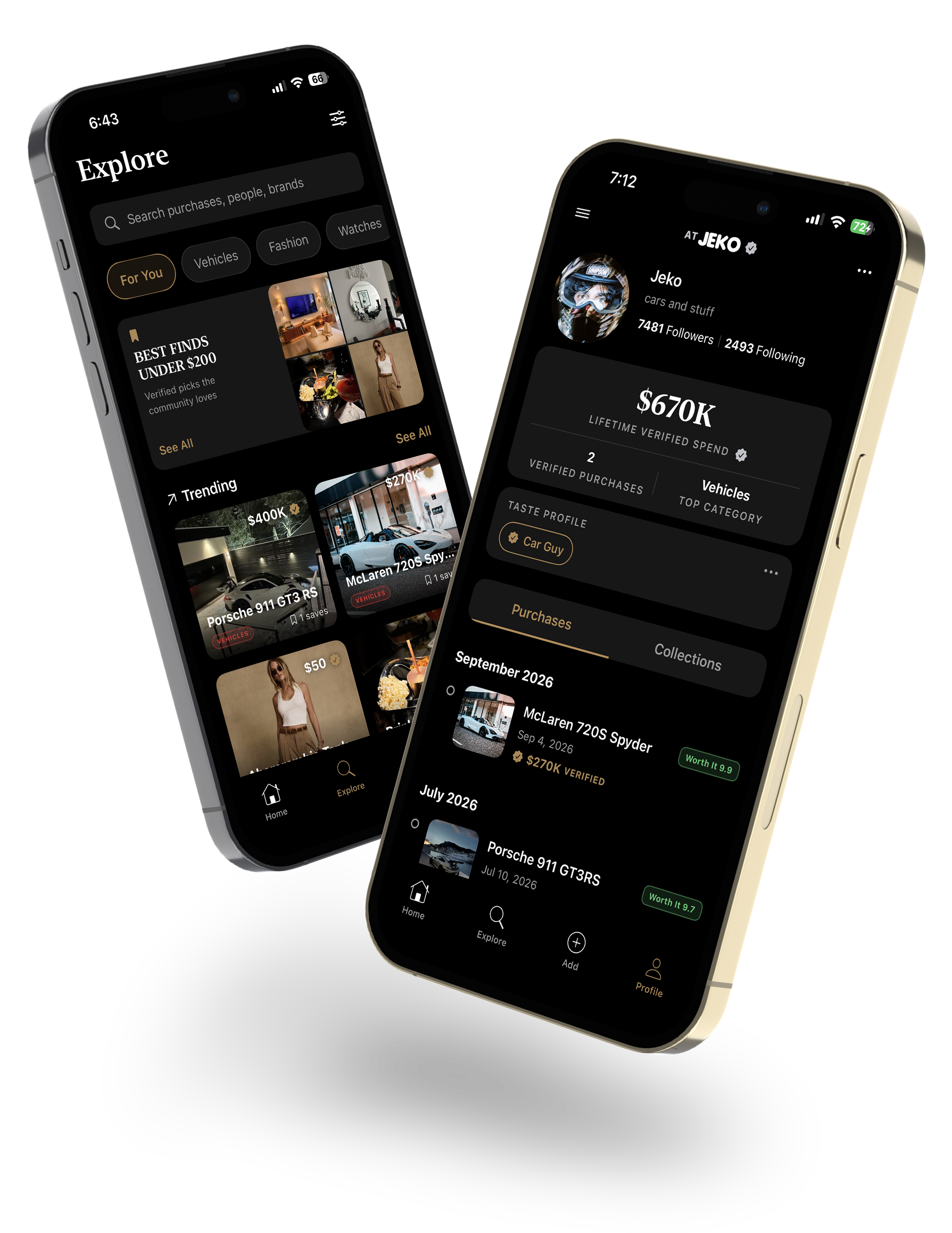 Raxs app shown on two iPhones: an Explore feed with trending cars and fashion, and a profile showing verified lifetime spend